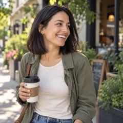 Emily Carter, a ballet teacher with a dark bob, holding a coffee cup outside a café