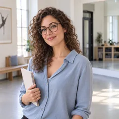 Hannah Clarke, a ballet teacher with curly hair and glasses, holding a notebook in a bright studio