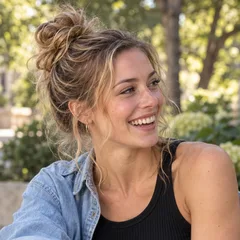 Madison Reed, a ballet instructor with light brown hair in a high bun, seated on stone steps outdoors